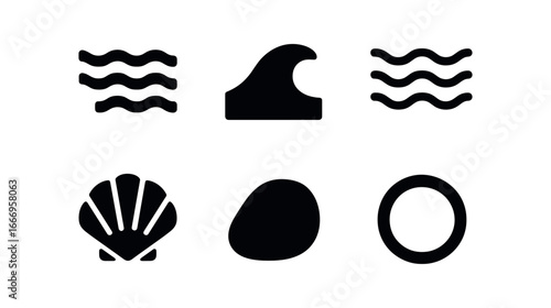 vector solid black filled icons waning season (retreating tide): water line ebb curve sand shell icon shadow smear highlight rim.
