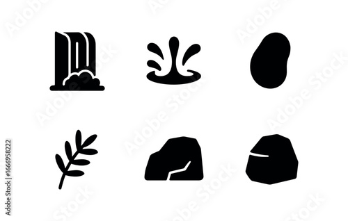 vector solid black filled icons mountain hiking trail (waterfall): cascade outline pool splash shadow smear light rim moss sprig rock edge.