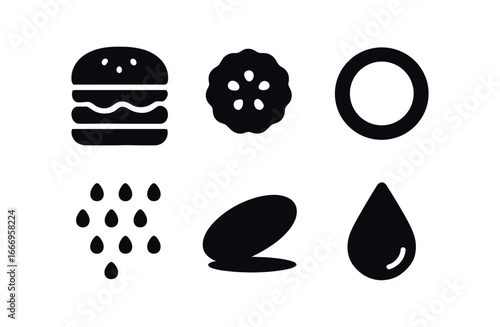 vector solid black filled icons burger with layers (pickle and onion): pickle slice onion ring seed dots shadow smear light rim moisture bead.