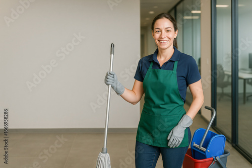 High resolution photo of a smiling woman in apron and gloves holding a mop with a cleaning bucket in an office hallway, symbolizing hygiene, sanitation, chores, and professional cleaning service.