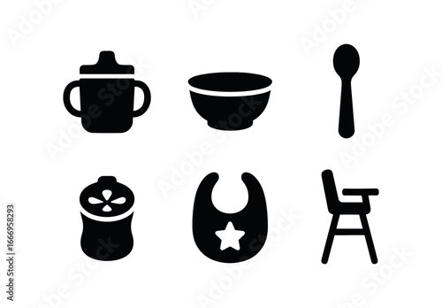 vector solid black filled icons toddler phase (feeding): sippy cup plastic bowl baby spoon snack container bib high chair.