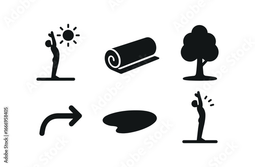 vector solid black filled icons yoga in the park (sun salutation): sun pose yoga mat tree silhouette motion arrow shadow smear light rim.