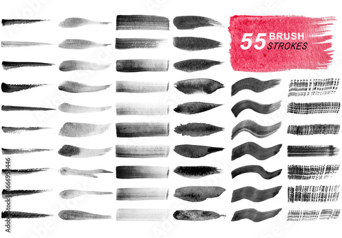Collection of watercolor brush strokes and splatters isolated on transparent background.
