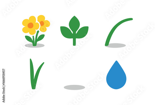 vector colorful filled icons wildflower patch (buttercup cluster): buttercup bloom leaf trio stem curve grass blade shadow hint dew drop.