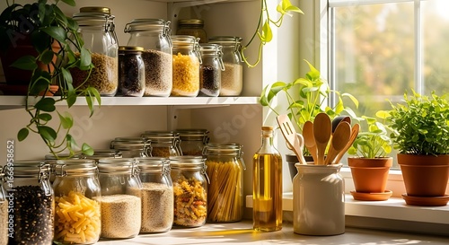 Kitchen pantry stocked with jars of food and plants