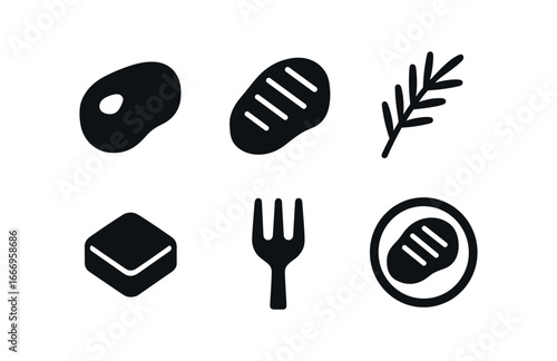 vector solid black filled icons high protein meal (beef steak): steak cut grill mark rosemary twig butter pat fork tine plate rim.