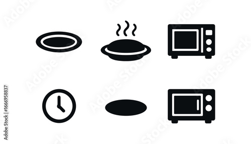 vector solid black filled icons microwave reheating (leftovers plate): plate outline plume microwave door timer icon shadow smear light rim.