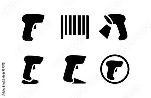 vector solid black filled icons grocery self checkout ( scanner): scanner gun lines scan beam stand mount shadow smear light rim.