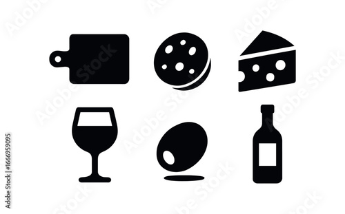 vector solid black filled icons wine and cheese pairing (charcuterie board): board edge salami slice cheese wedge olive dot shadow smear light rim.