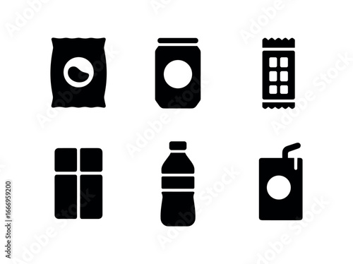 vector solid black filled icons online grocery cart (snacks and beverages): chip bag soda can granola bar chocolate bar water bottle juice box.