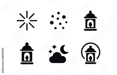 vector solid black filled icons lantern lit parade (fireworks above): burst lines spark dots lantern glow night sky shadow smear light halo.