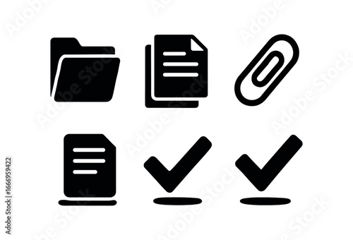 vector solid black filled icons client onboarding process (document packet): folder icon document stack paper clip check mark shadow smear light rim.