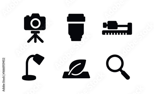 vector solid black filled icons camera on tripod (macro setup): camera on mini tripod macro lens focus rail small light leaf on table magnifier.