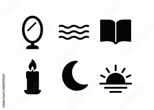 vector solid black filled icons season of reflection (symbols): mirror calm water open book candle moon sunrise.
