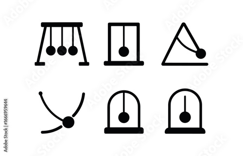 vector solid black filled icons pendulum (modern): sleek metal frame minimal design polished sphere monochrome background smooth arc glass dome.