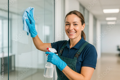 High resolution photo of a smiling woman wearing gloves cleaning a glass surface in an office using a spray bottle, cloth, symbolizing sanitation, hygiene, cleaning chores, professional housekeeping