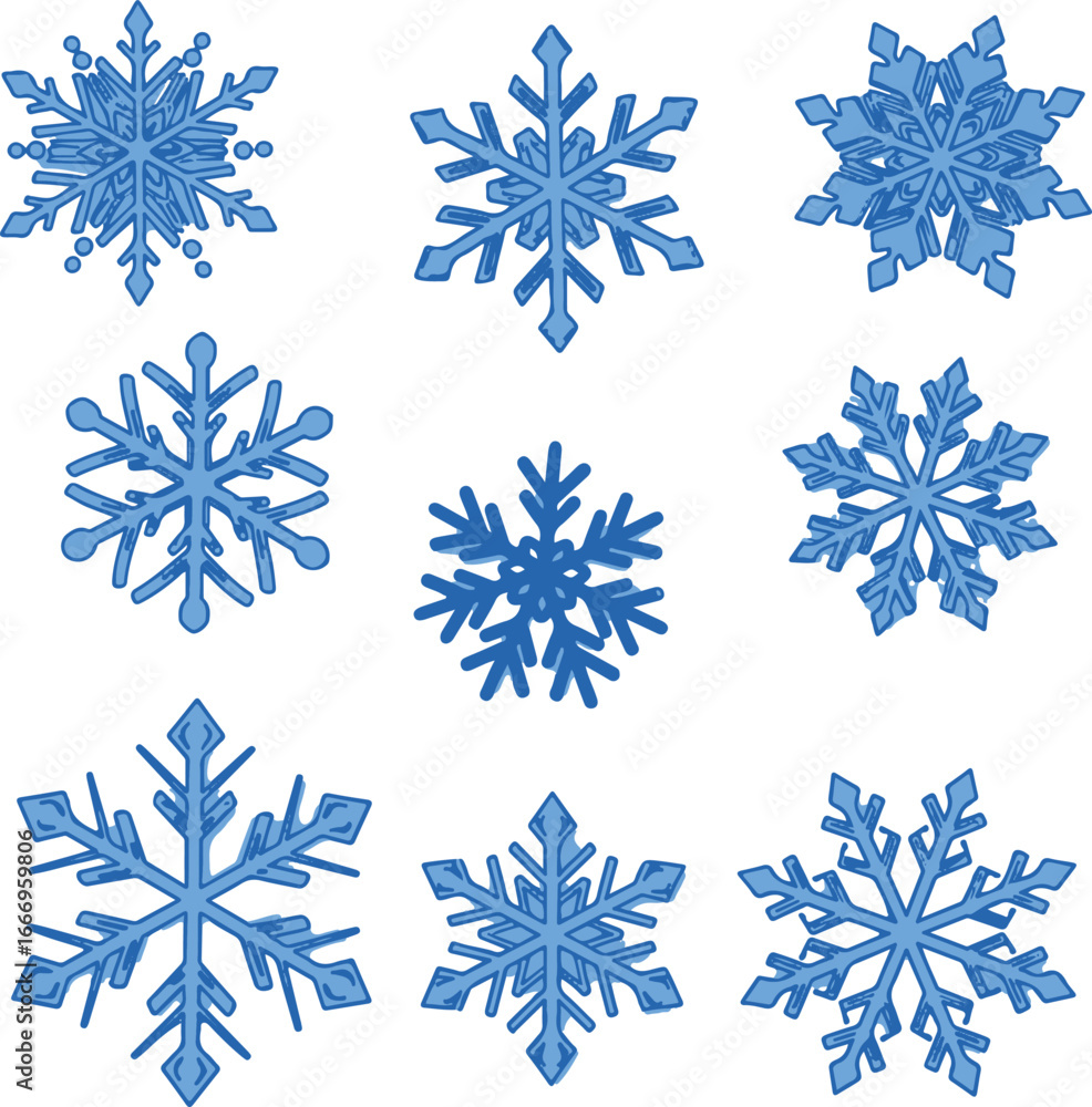 Fototapeta premium Nine blue snowflakes with outlines on a white background winter frost