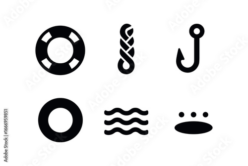 vector solid black filled icons fishing dock (life ring): ring outline rope braid hook icon shadow smear light rim water dot.