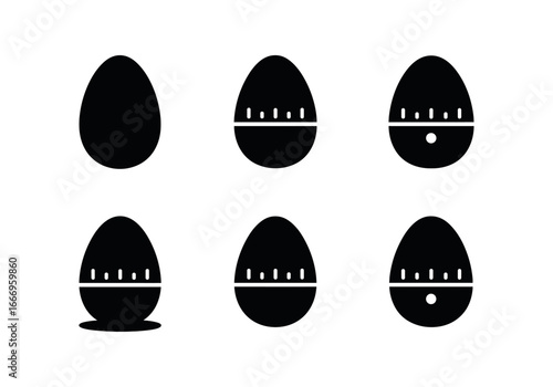 vector solid black filled icons kitchen timer (egg timer): egg shape timer bands minute marks shadow smear light rim indicator dot.