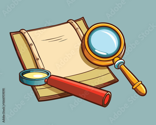 Vector art of magnifying glass and an old scroll with a magnifying glass on top, isolated on a