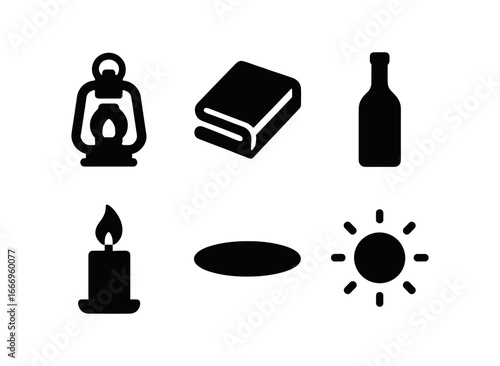 vector solid black filled icons picnic blanket setup (evening picnic): lantern icon blanket fold wine bottle candle flame shadow smear glow rim.