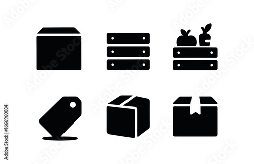 vector solid black filled icons farm to table concept (delivery box): box icon crate stripes produce peek label tag tape strip shadow smear.