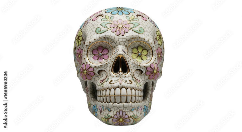 Obraz premium Decorated sugar skull with colorful flowers isolated on transparent background