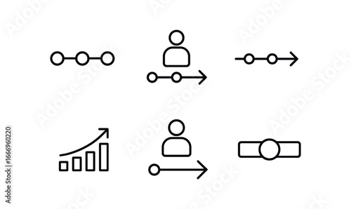 vector outline icons work anniversary celebration (timeline showcase): timeline bar milestone dots arrow markers date labels chart icon highlight.