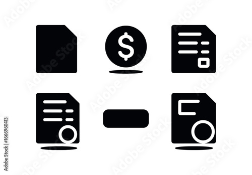 vector solid black filled icons online invoice payment (invoice icon): document icon dollar sign line items total block pay button shadow smear.