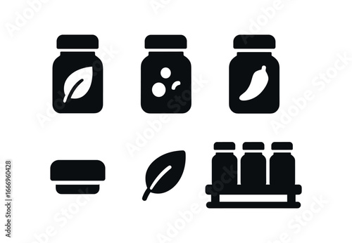vector solid black filled icons spices in jars (herb rack): jar row label icons lid tops rack silhouette shadow smear highlight rim.