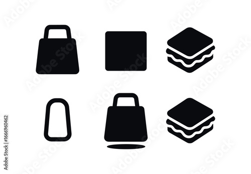 vector solid black filled icons sandwich to (bag in box): bag outline box silhouette sandwich icon handle loop shadow smear light rim.