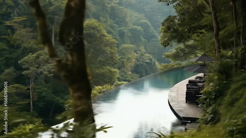 Luxurious infinity pool nestled in a lush, tropical valley. A woman in a red dress stands on a platform overlooking the pool