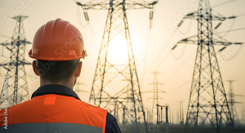 Energy worker contemplating renewable energy future sustainable power grid electricity transmission lines high voltage infrastructure development