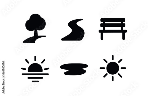 vector solid black filled icons sunset stroll (park path): tree line path curve bench icon sun arc shadow smear light rim.
