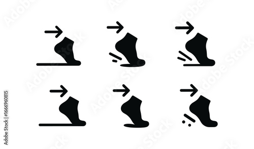 vector solid black filled icons hesitation (backstep motion): foot outline motion arrow ground line shadow smear highlight rim dust dot.