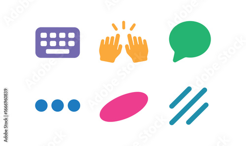 vector colorful filled icons fighting over text (typing hands): keyboard outline finger taps chat bubble ellipsis dots shadow smear motion line.