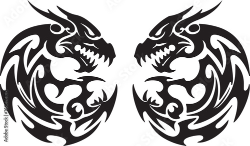 Twin Tribal Dragon Heads Tattoo Design Vector Graphic illustration