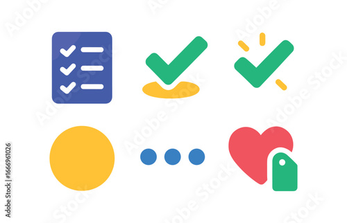 vector colorful filled icons talking about future (goal checklist): checklist icon check marks shadow smear glow rim line dots heart tags.