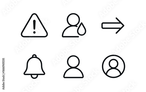 vector outline icons client retention strategy (churn alert): warning triangle user drop exit arrow bell icon shadow smear highlight rim.