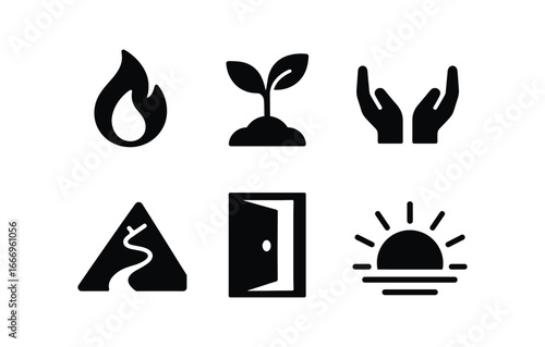 vector solid black filled icons gentle bravery (symbols): small flame sprouting plant steady hands mountain path open door sunrise.