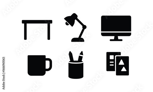 vector solid black filled icons type designer (workspace): desk lamp large monitor coffee mug pen jar reference sheets.