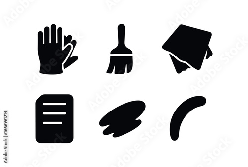 vector solid black filled icons archivist (preservation): glove pair brush tip cleaning cloth document pad shadow smear highlight rim.