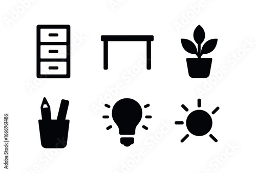 vector solid black filled icons filing cabinet (minimal style): white cabinet clean desk plant pen holder light wall sunlight.
