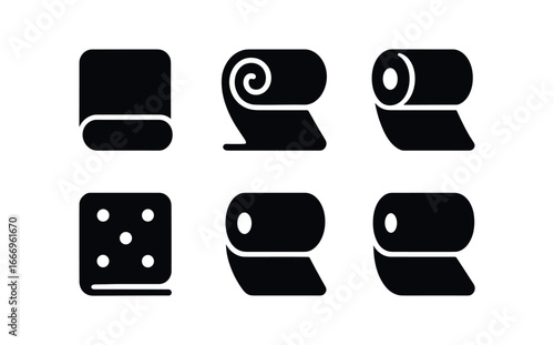 vector solid black filled icons Weaver (textile roll): fabric roll edge spiral shadow smear highlight rim pattern dots core tube.