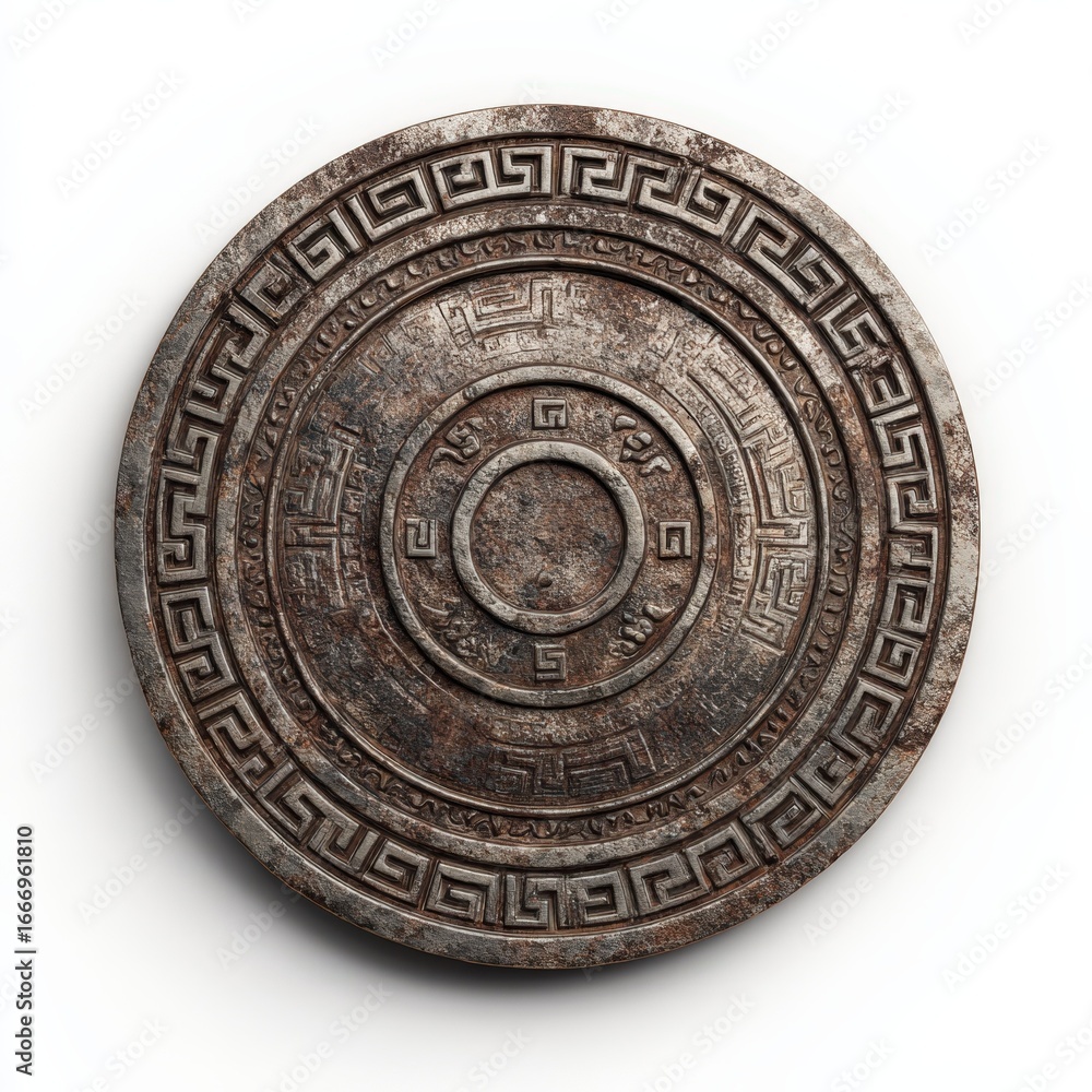 Fototapeta premium Antique Rusted Metal Disc with Greek Key Border Design Circular Grunge Texture