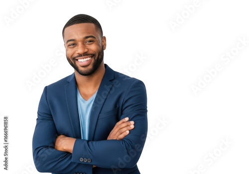Smiling man with arms crossed wearing a blue blazer isolated on transparent background
