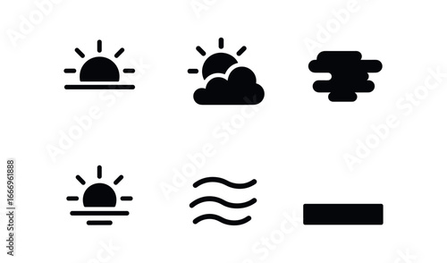vector solid black filled icons changing skies (sunrise): golden light scattered clouds morning mist warm tones quiet air soft horizon.