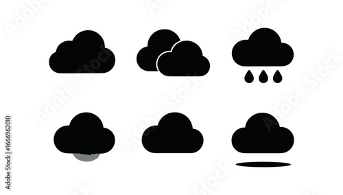 vector solid black filled icons meteorologist (cloud formation): cloud clusters shadow shading light rim raindrop icons sky gradient shadow smear.