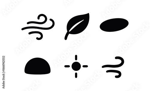 vector solid black filled icons bliss (soft breeze): swirl lines leaf drift shadow smear highlight rim light fleck motion curl.