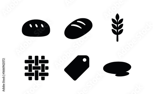 vector solid black filled icons farmers market produce (artisan bread): loaf silhouette crust line wheat sprig basket weave price tag shadow smear.
